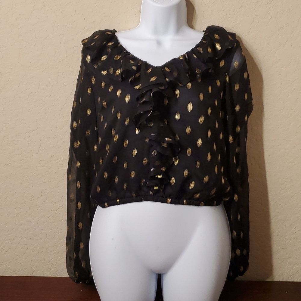 idem ditto Black Gold Metallic Polka Dot Ruffle Blouse Medium Sheer Cropped**